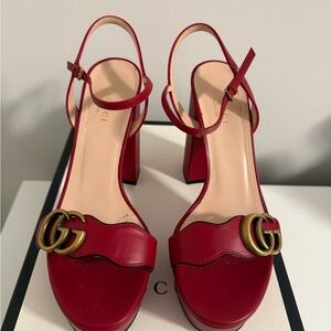 Gucci Red Leather Block Heel Sandals with Gold GG Accent